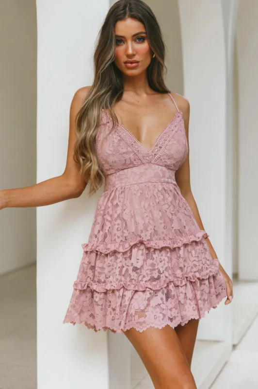 Sunshine Morning Crochet Lace Frill Trim Tied Back Lace Mini Dress Rose sold by Selfie Leslie