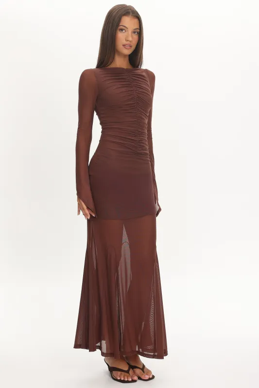 Luna Love Long Sleeve Mesh Maxi Dress Chocolate sold by Selfie Leslie
