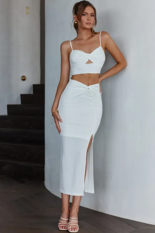 One Night Only Twist Waist Split Midi Skirt White sold by Selfie Leslie