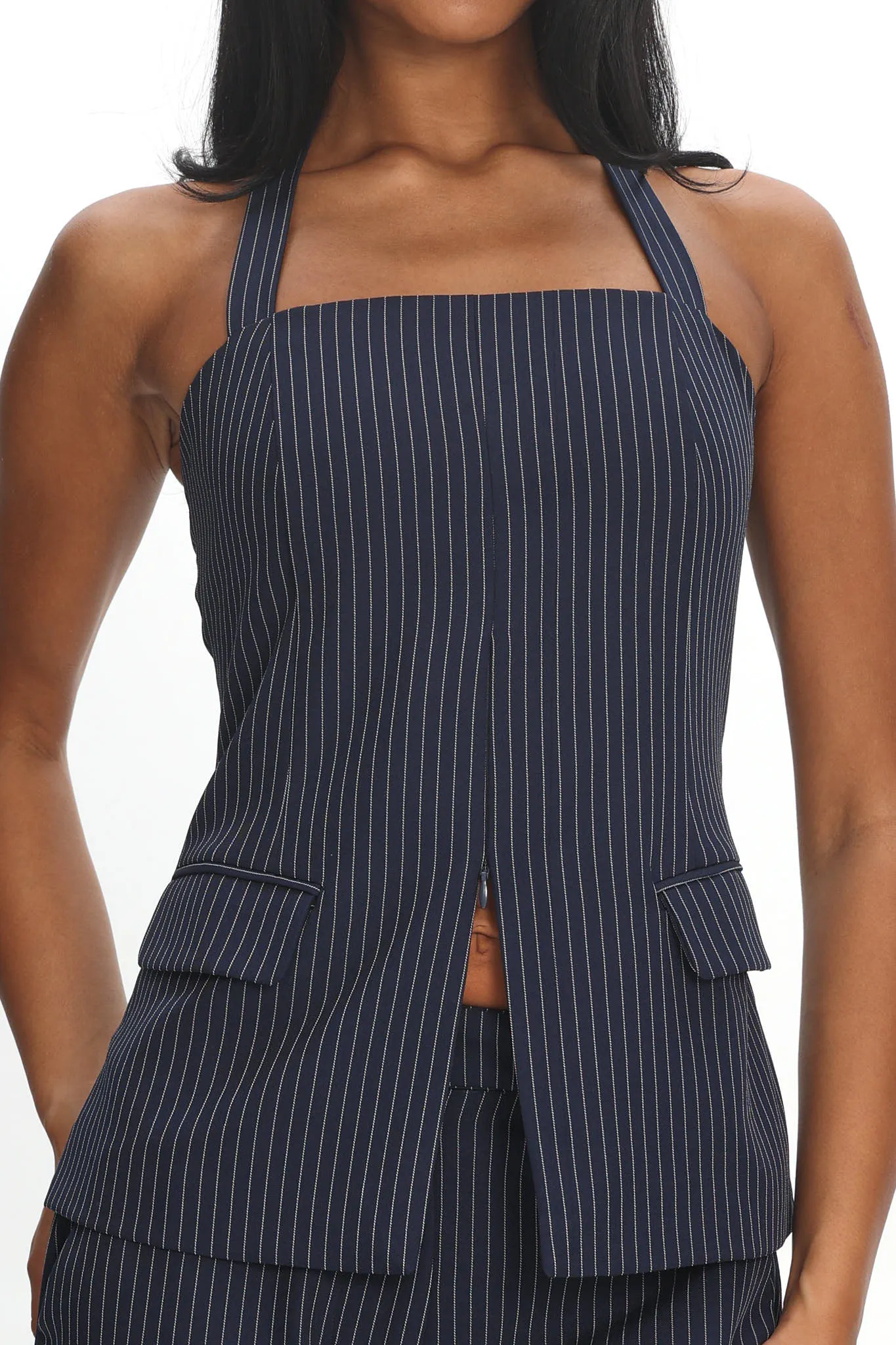 Renee Front Zip Halter Top Pinstripe Navy sold by Selfie Leslie product image thumbnail 4