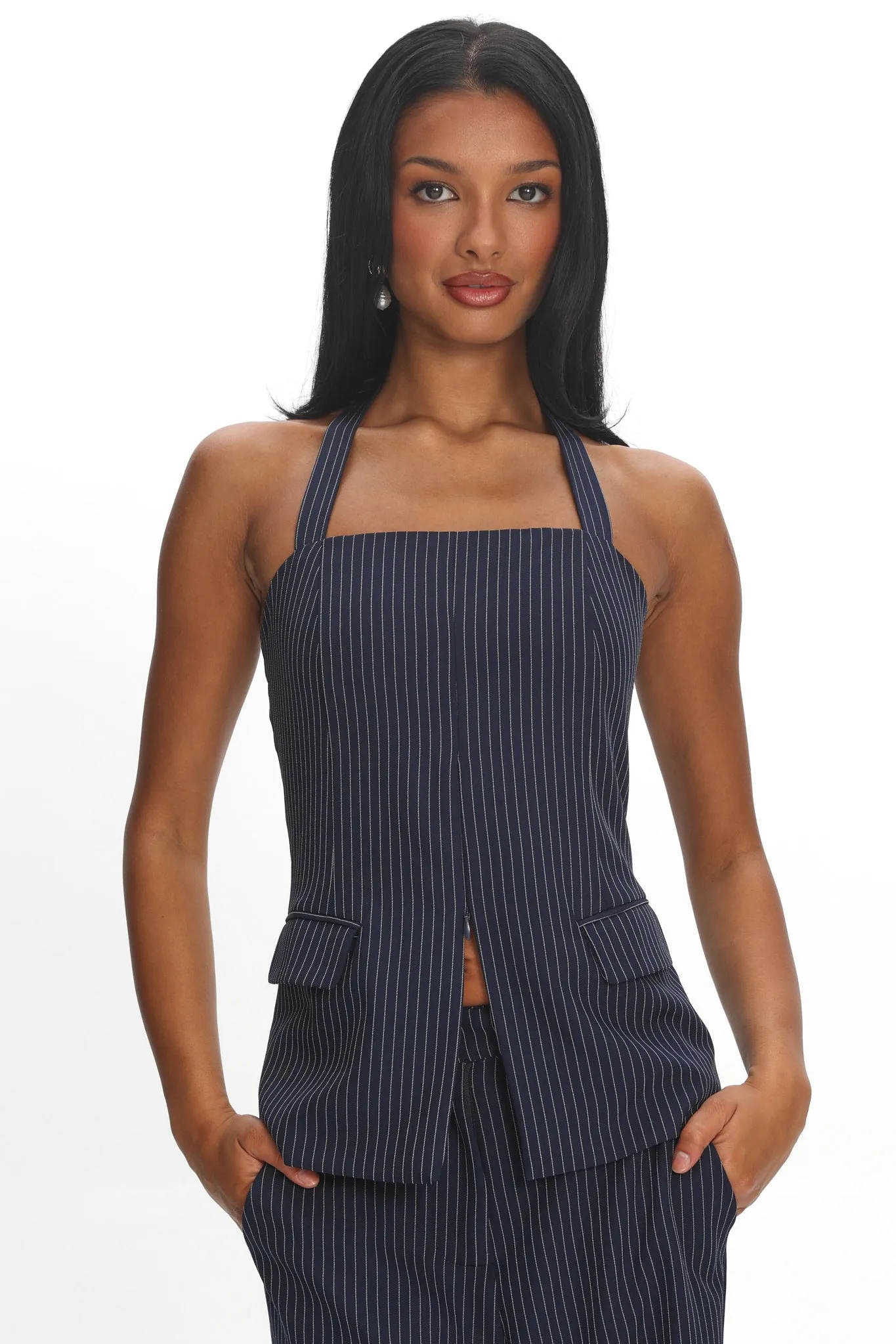 Renee Front Zip Halter Top Pinstripe Navy sold by Selfie Leslie