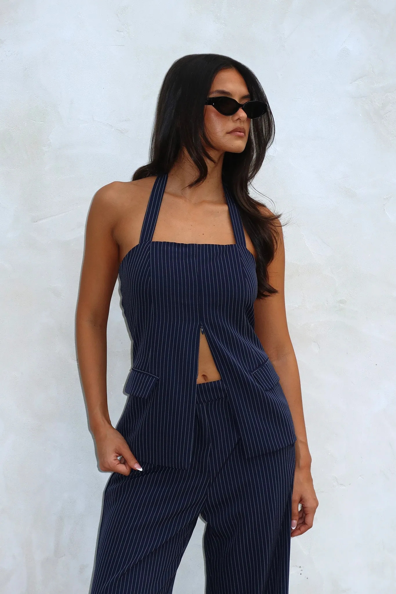 Renee Front Zip Halter Top Pinstripe Navy sold by Selfie Leslie product image thumbnail 2
