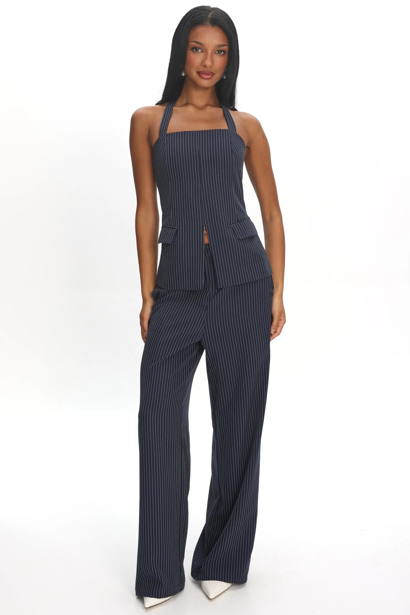 Renee Front Zip Halter Top Pinstripe Navy sold by Selfie Leslie product image thumbnail 5