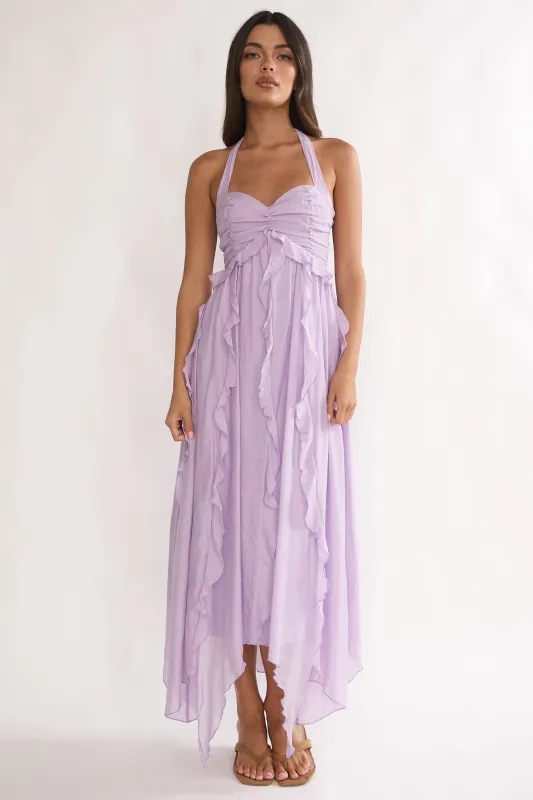 Spirit Frill Trim Halterneck Maxi Dress Purple made by Selfie Leslie