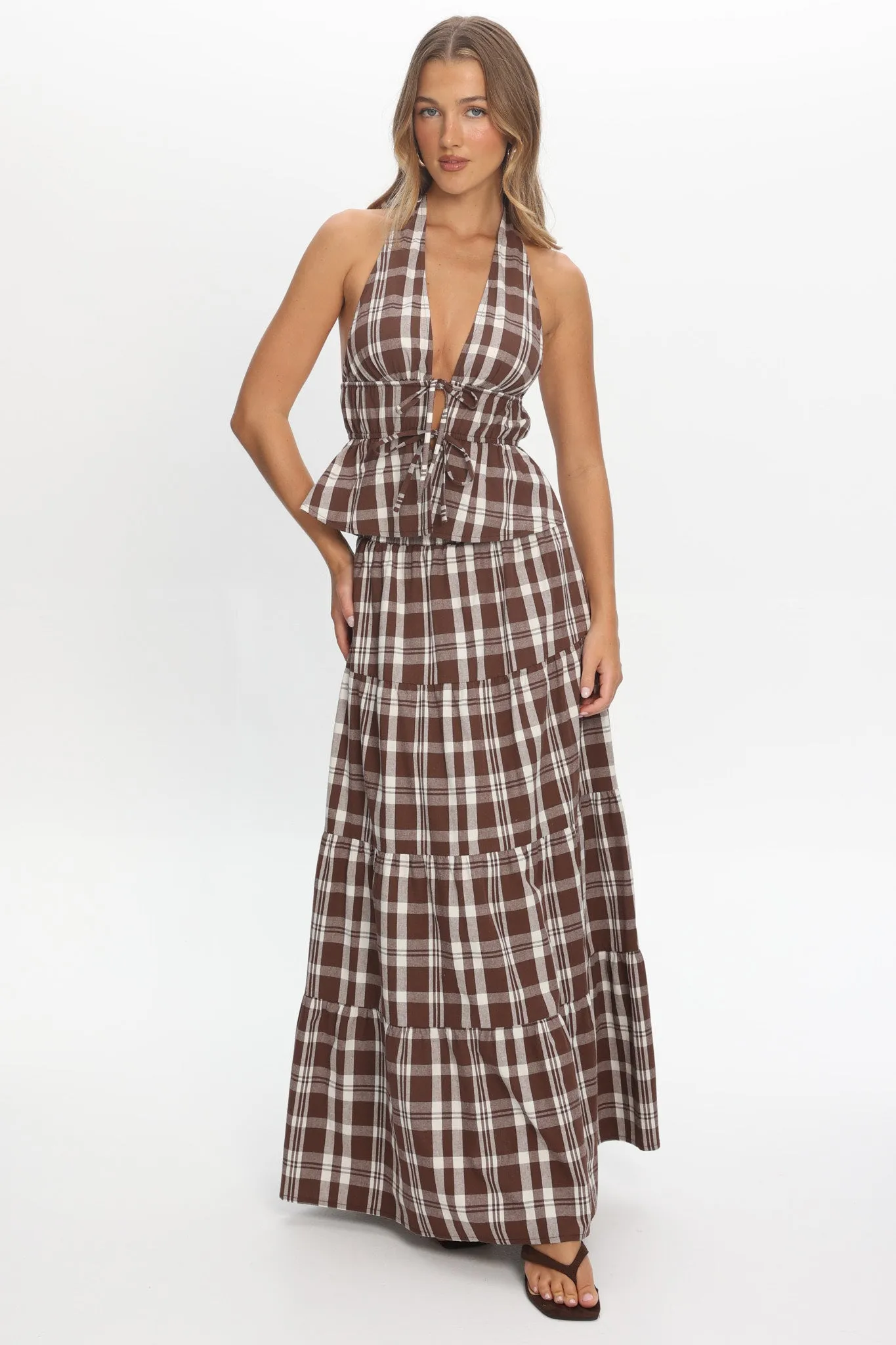 Admire Tie Front Halter Top Plaid Chocolate sold by Selfie Leslie product image thumbnail 4