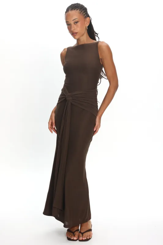Luli Boat Neck Sash Maxi Dress Chocolate made by Selfie Leslie