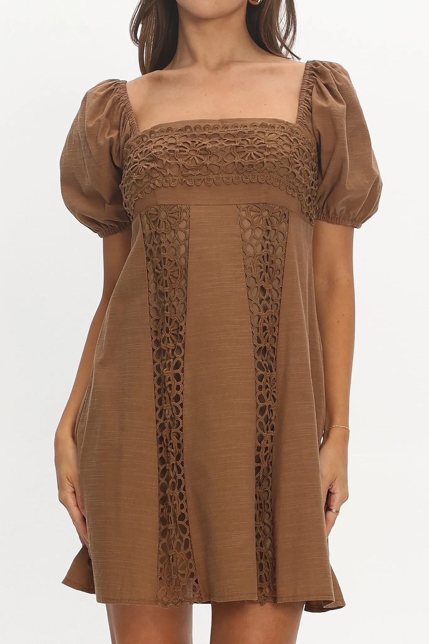 Highlight Reels Puff Sleeve Lace Mini Dress Chocolate sold by Selfie Leslie product image thumbnail 4