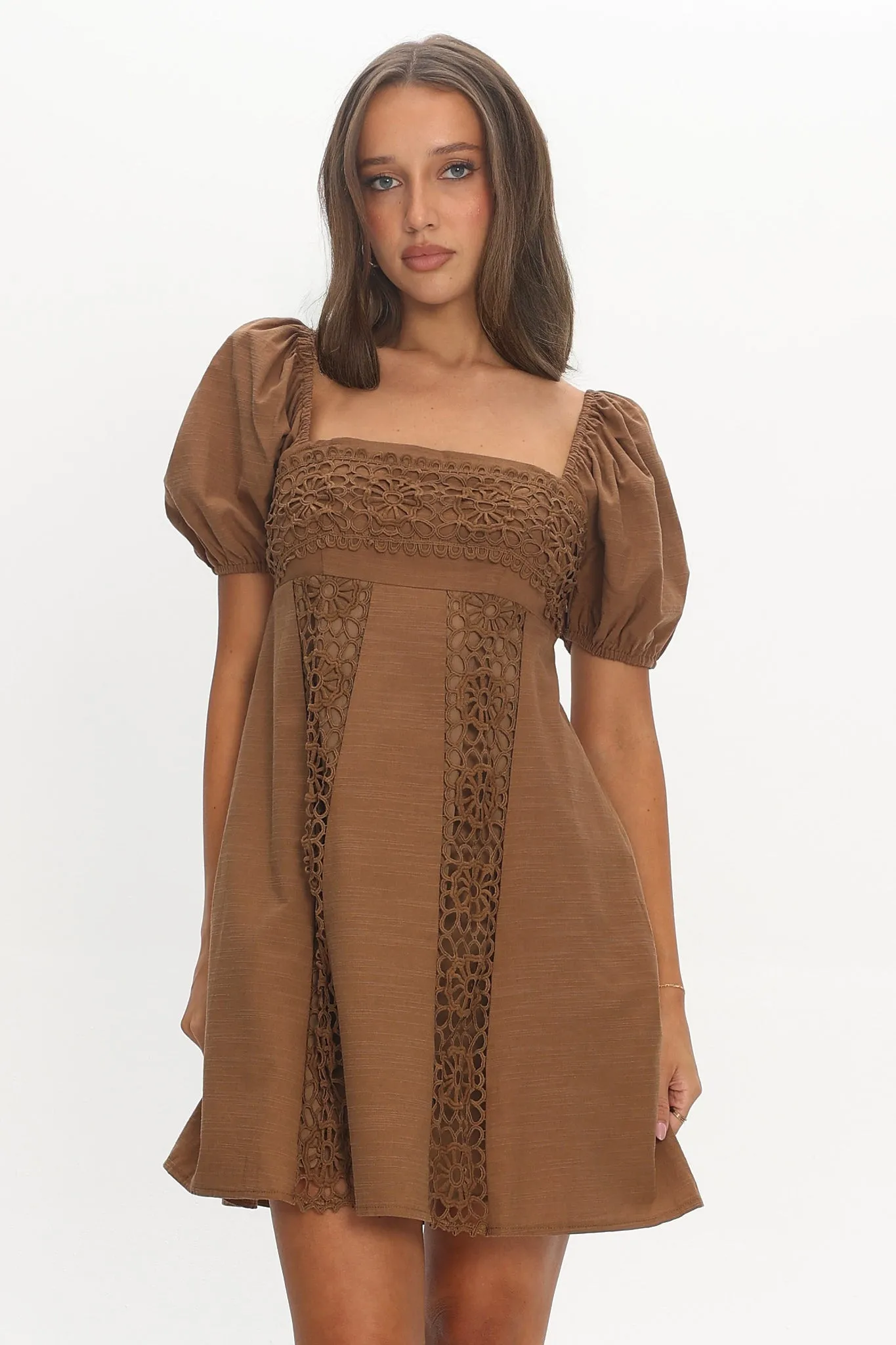 Highlight Reels Puff Sleeve Lace Mini Dress Chocolate sold by Selfie Leslie