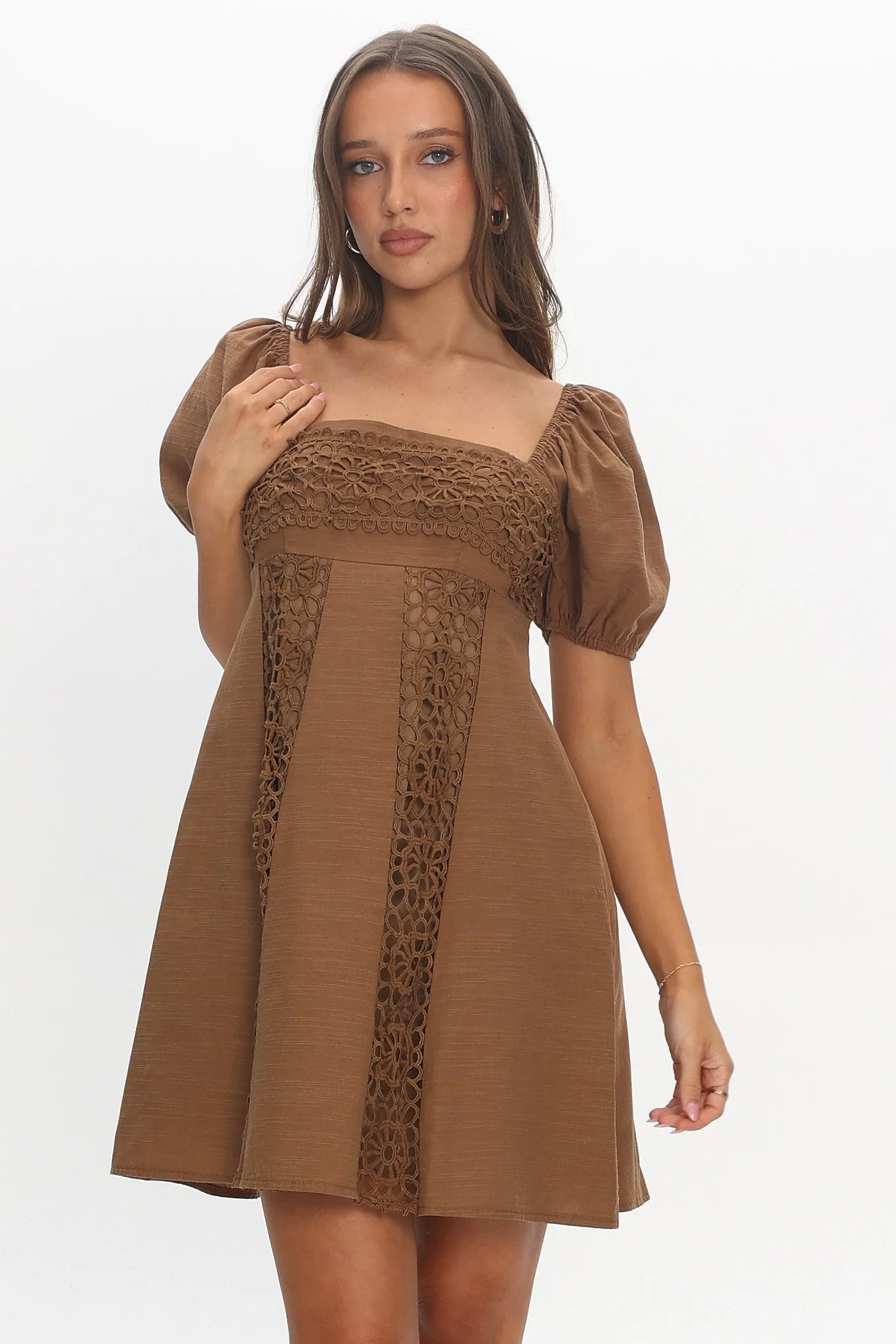 Highlight Reels Puff Sleeve Lace Mini Dress Chocolate sold by Selfie Leslie product image thumbnail 5