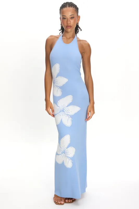 Wildflower Sun Halterneck Knit Dress Flower Blue made by Selfie Leslie