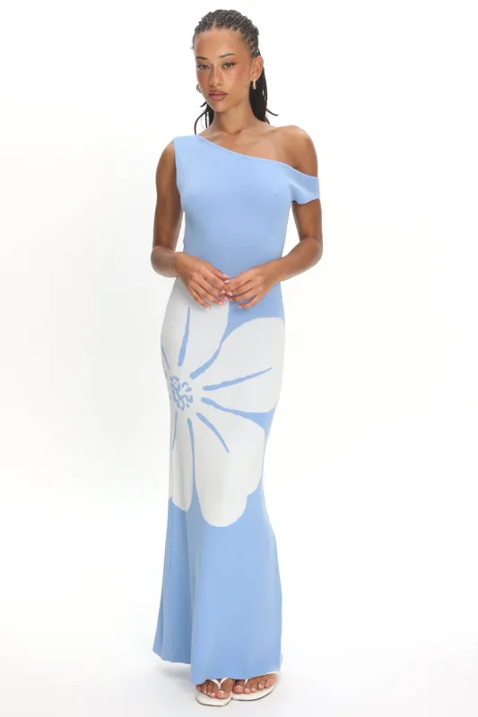 Wildflower Sun Asymmetric Neckline Knit Dress Flower Blue made by Selfie Leslie
