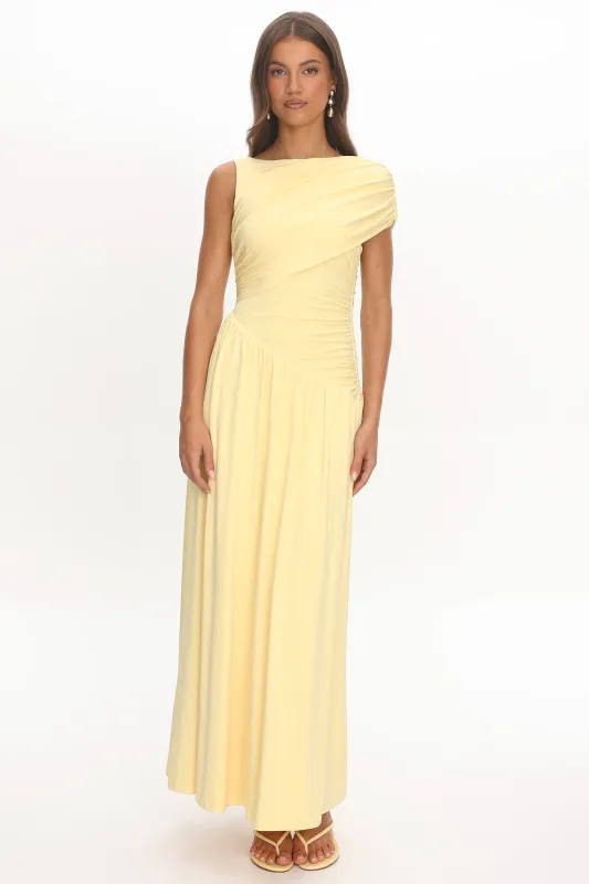 Adiel Ruched Asymmetric Waist Maxi Dress Butter made by Selfie Leslie