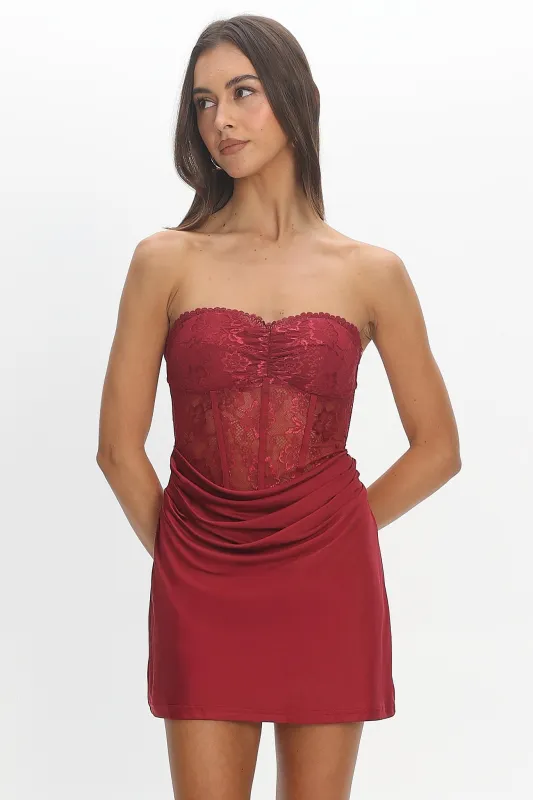 Moonlighting Lace Bodice Mini Dress Wine made by Selfie Leslie