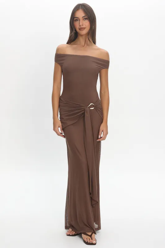 Luli Boat Neck Sash Maxi Dress Cocoa made by Selfie Leslie
