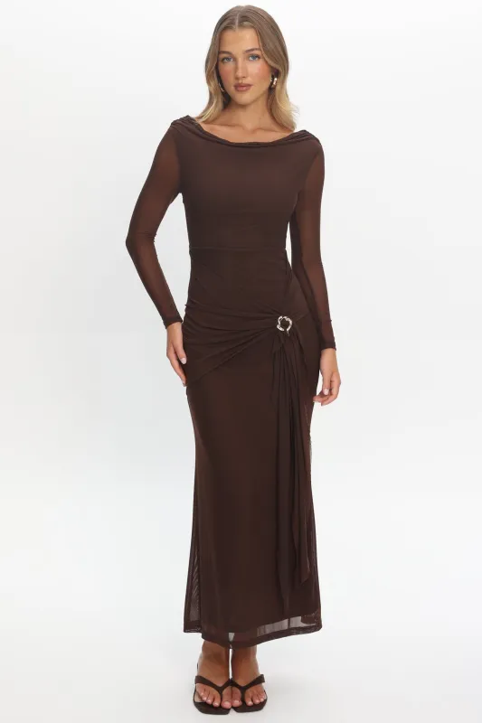 Lyssia Cowl Neck Waist Sash Maxi Dress Chocolate made by Selfie Leslie