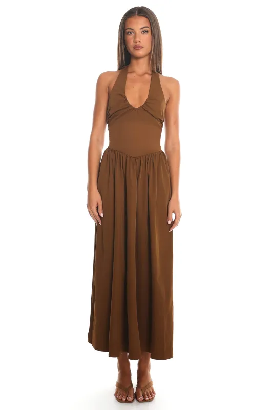Americano Halter Neck Maxi Dress Chocolate made by Selfie Leslie