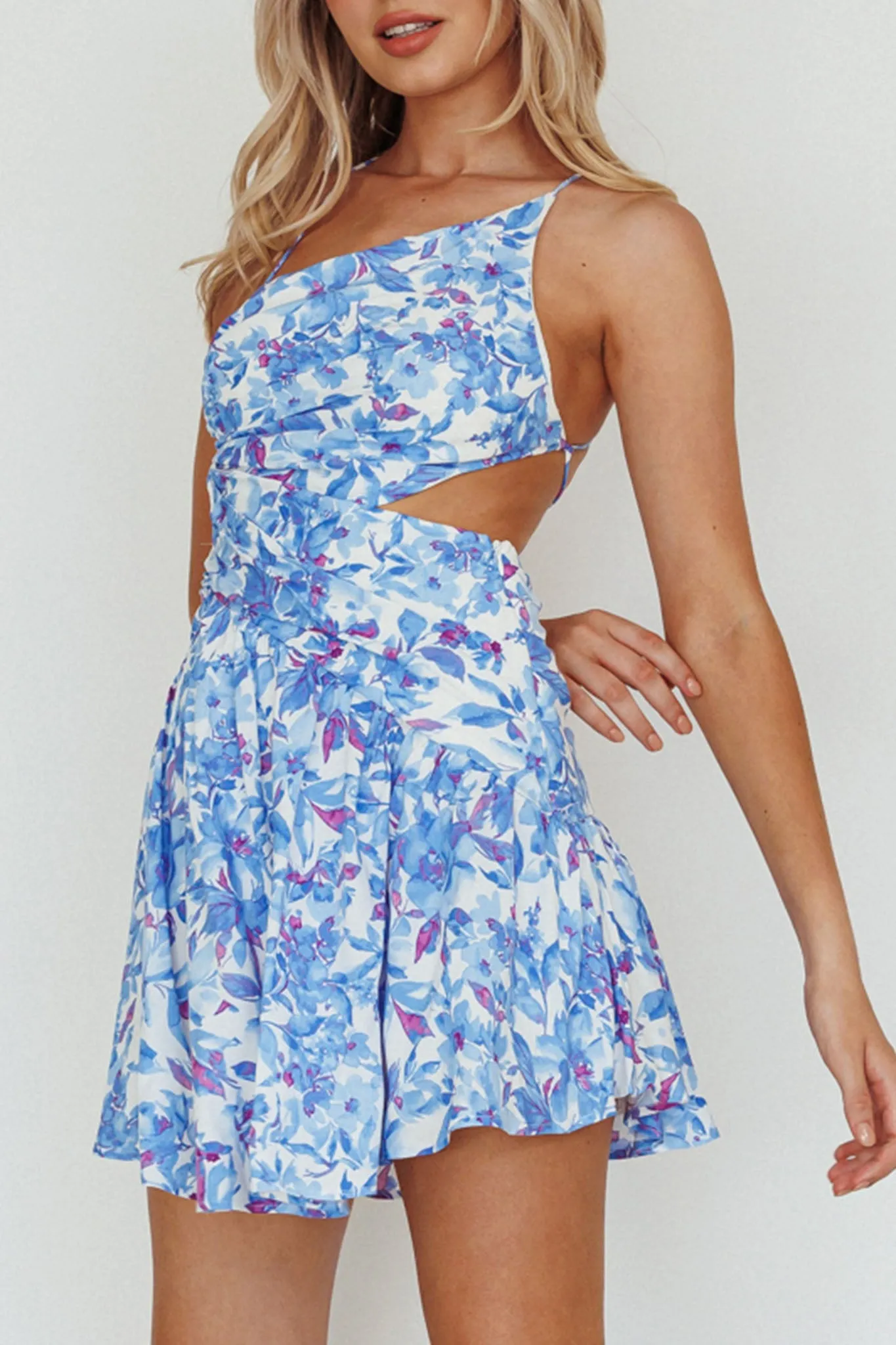 Destination Open Back Mini Dress Floral Blue sold by Selfie Leslie