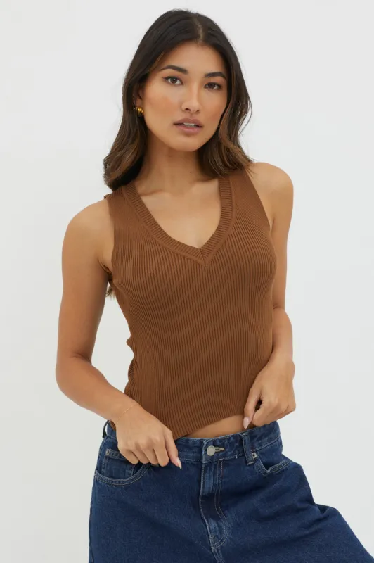 D'Lila V-Neck Ribbed Knit Top Chocolate sold by Selfie Leslie