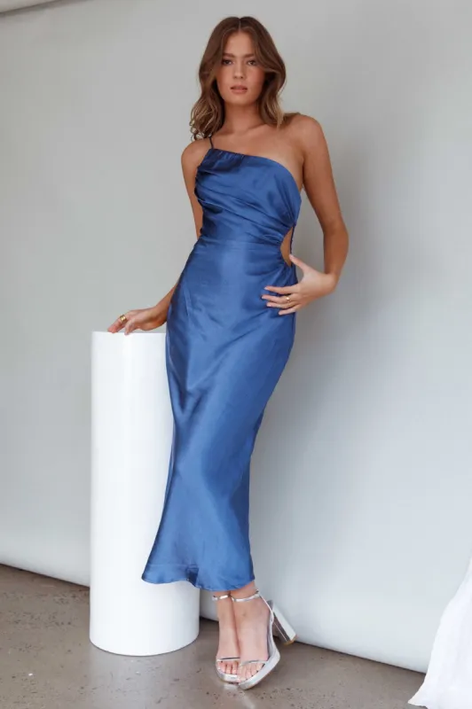 Taking Bets One Shoulder Satin Midi Dress Navy sold by Selfie Leslie