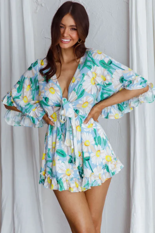 Athira Tied Bust Flared Sleeve Romper Daisy Blue sold by Selfie Leslie