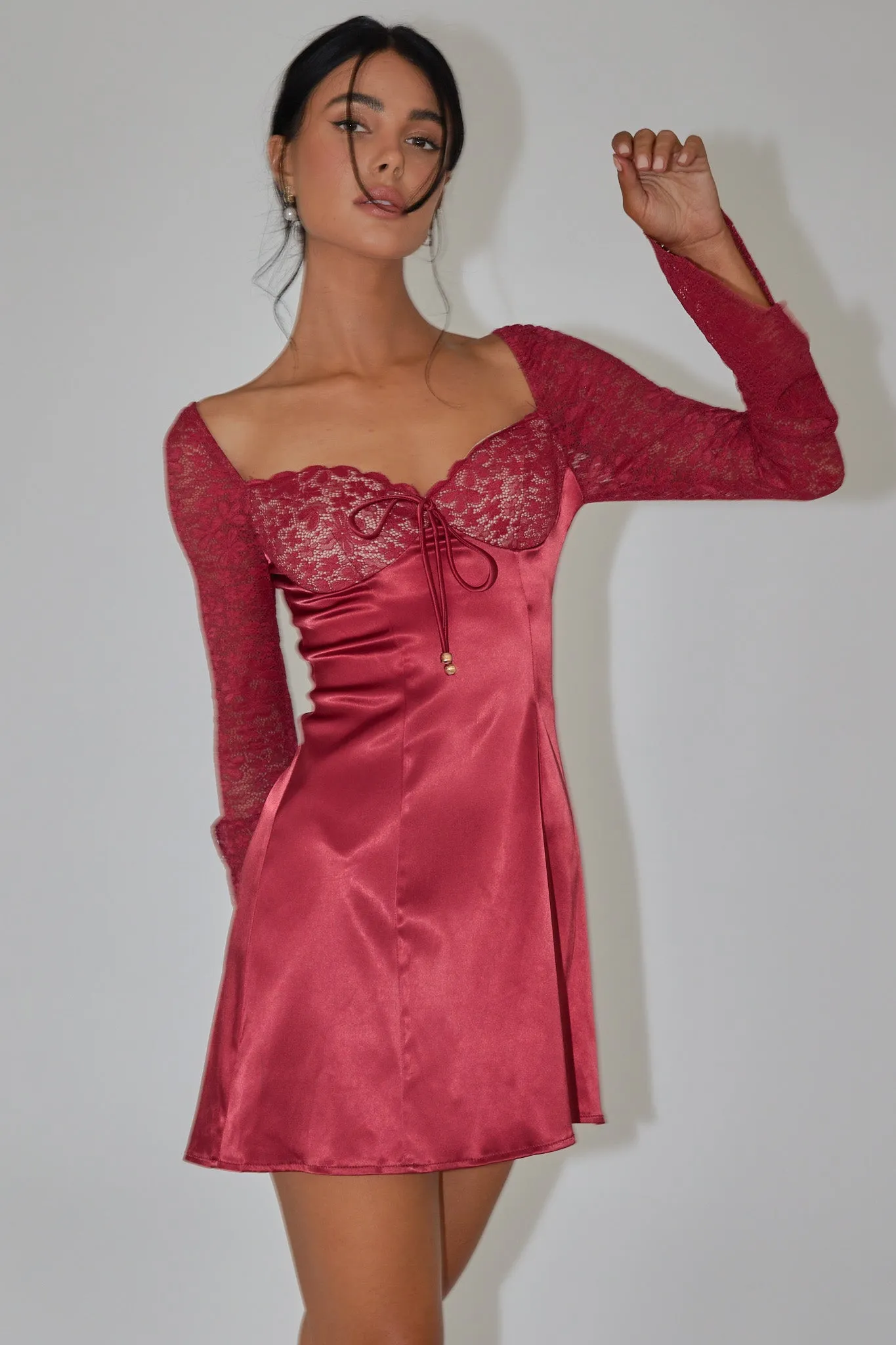 Ti Amo Lace Bust Long Sleeve Mini Dress Wine sold by Selfie Leslie