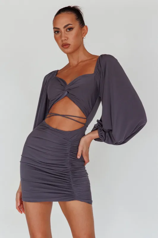In Luck Cut-Out Waist Ruched Mini Dress Charcoal sold by Selfie Leslie