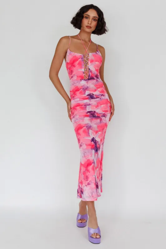 Gypsy Garden Laced Bodice Ruched Midi Dress Pink sold by Selfie Leslie