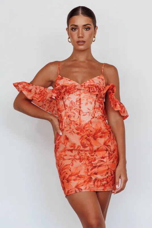 Catania Off-Shoulder Ruffle Mini Dress Floral Orange sold by Selfie Leslie