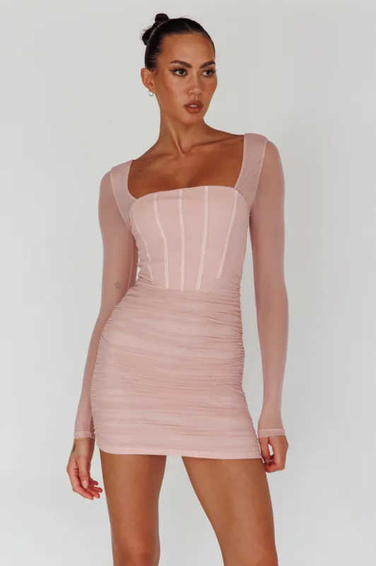Dream Catcher Long Sleeve Ruched Mini Dress Blush sold by Selfie Leslie