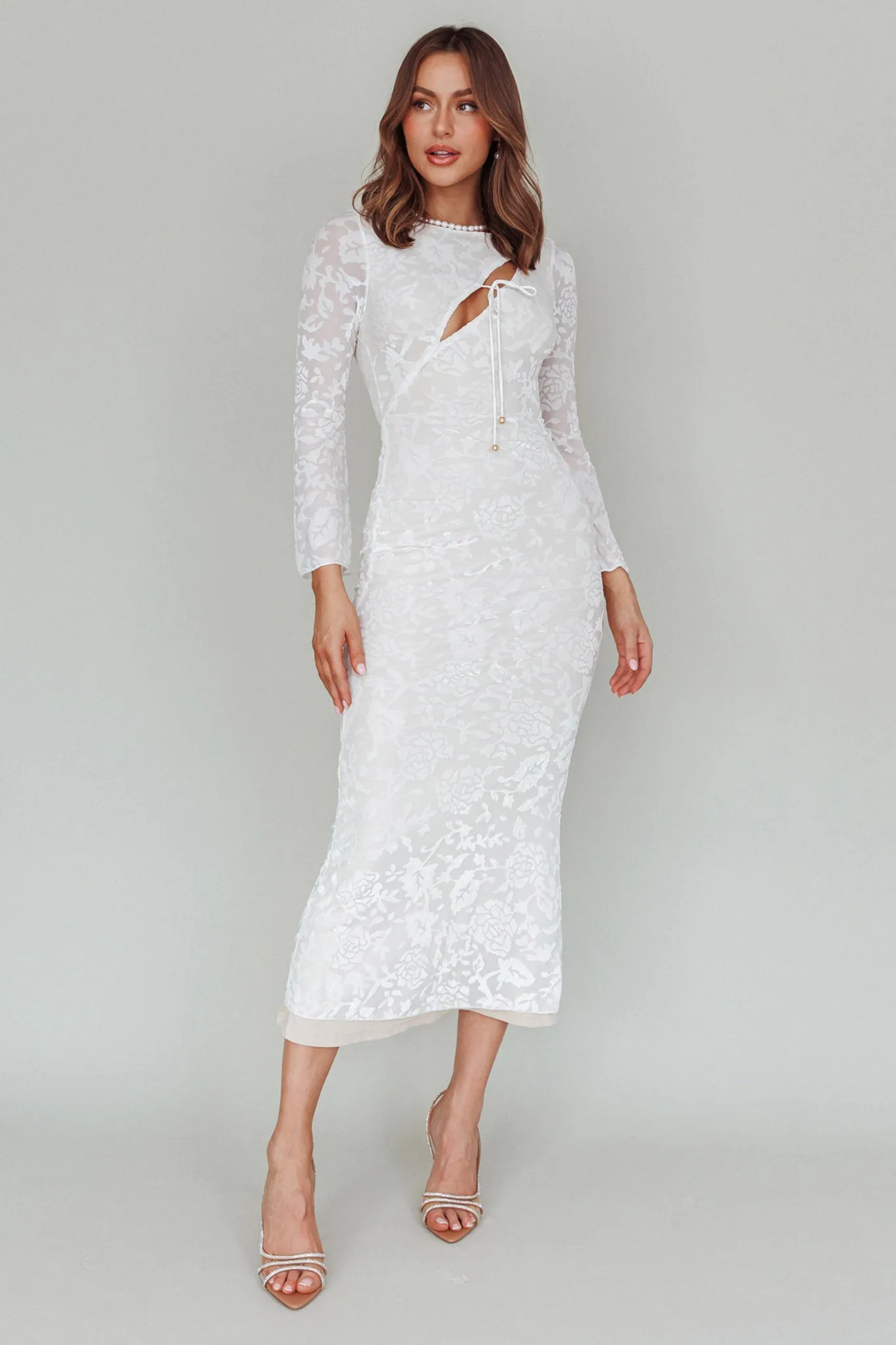 Novalie Long Sleeve Velvet Print Midi Dress White sold by Selfie Leslie product image thumbnail 3
