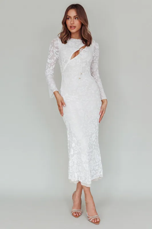 Novalie Long Sleeve Velvet Print Midi Dress White sold by Selfie Leslie
