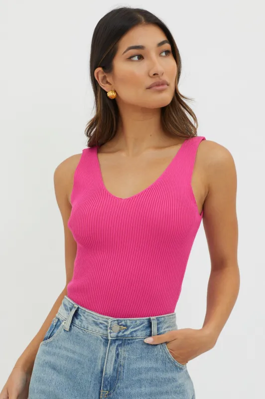 Off-Duty V-Neck Ribbed Knit Top Hot Pink sold by Selfie Leslie