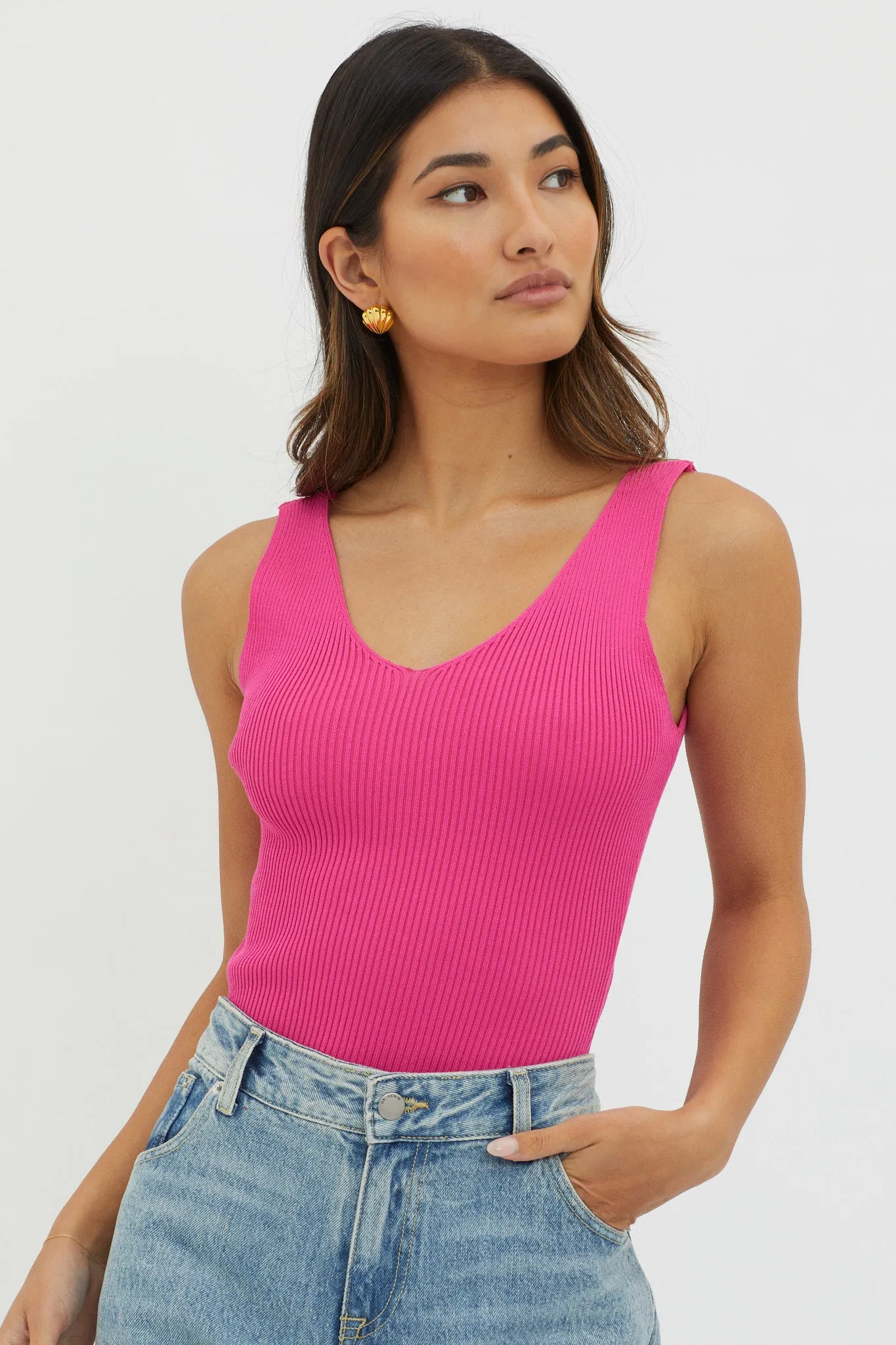 Off-Duty V-Neck Ribbed Knit Top Hot Pink sold by Selfie Leslie