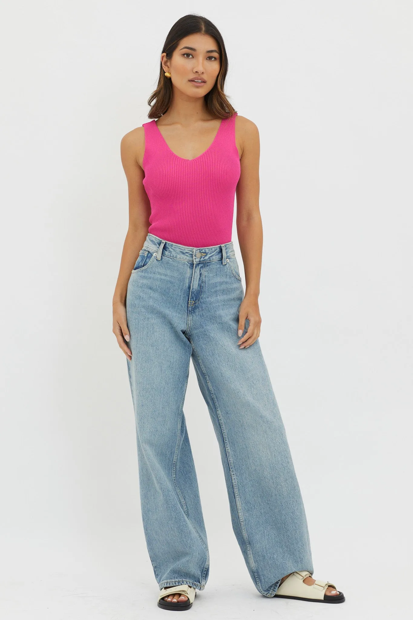 Off-Duty V-Neck Ribbed Knit Top Hot Pink sold by Selfie Leslie product image thumbnail 3