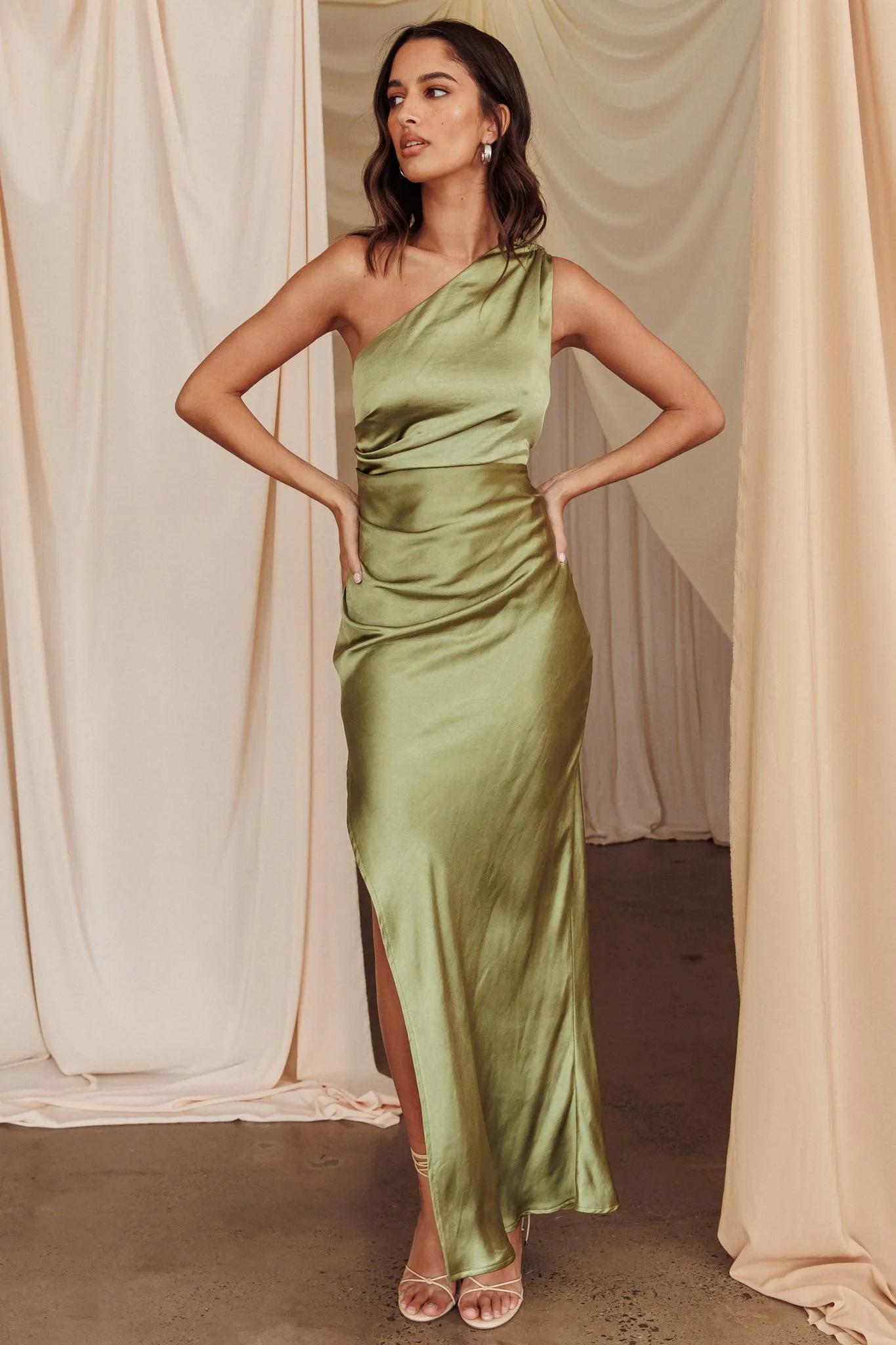 Kamillia One-Shoulder Split Maxi Dress Olive sold by Selfie Leslie product image thumbnail 3
