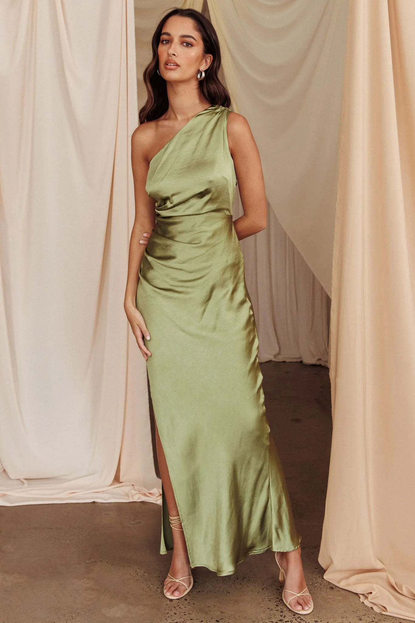 Kamillia One-Shoulder Split Maxi Dress Olive sold by Selfie Leslie
