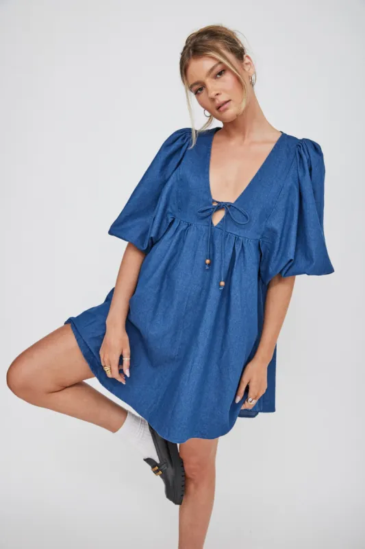 New Haven Puff Sleeve Swing Dress Indigo sold by Selfie Leslie