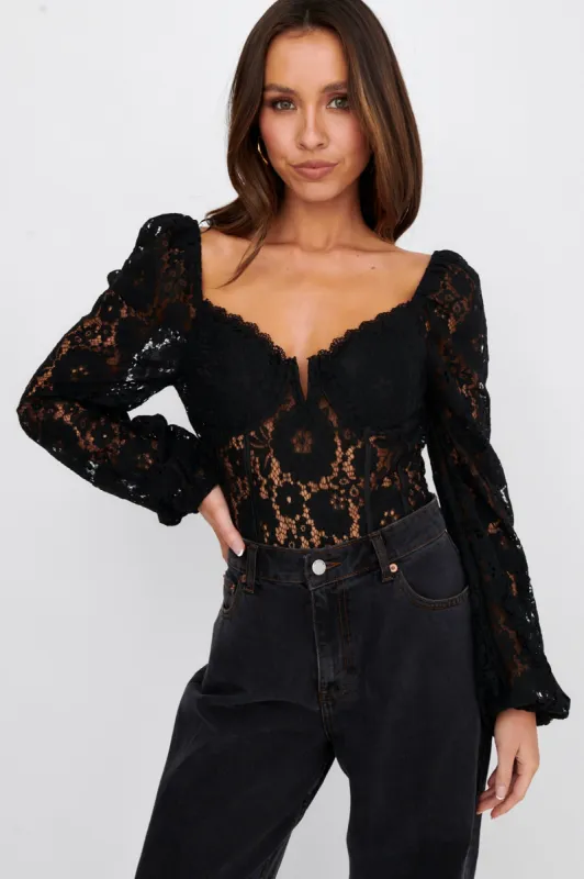 Adored Long Sleeve Lace Bodysuit Black sold by Selfie Leslie