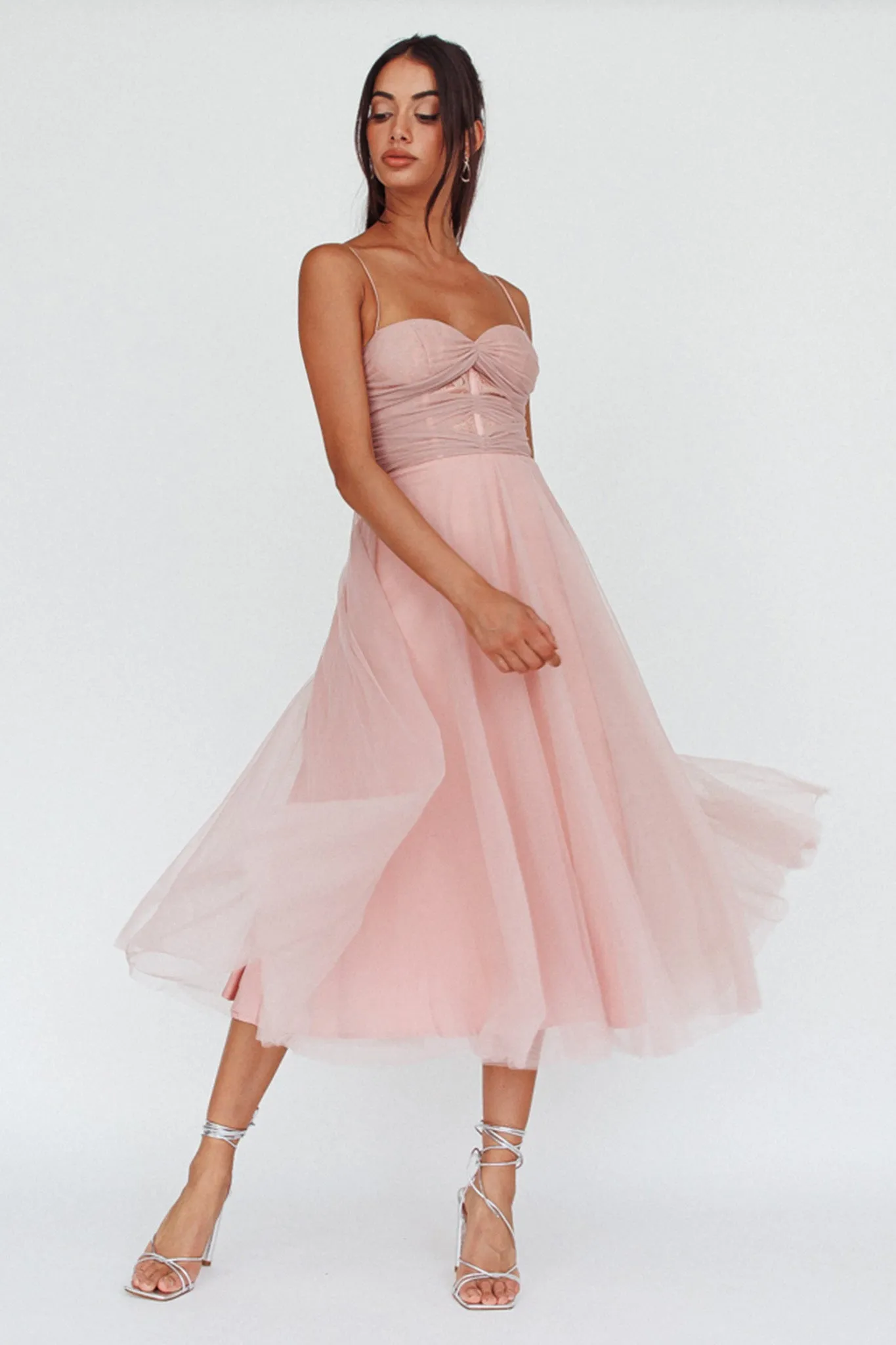 Smitten Lace Insert Tulle Midi Dress Blush sold by Selfie Leslie
