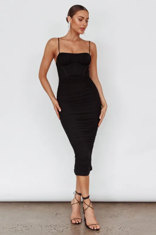 Malibu Sun Ruched Midi Dress Barbie Black sold by Selfie Leslie