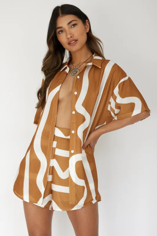 Cora Button-Up Shirt Print Tan sold by Selfie Leslie