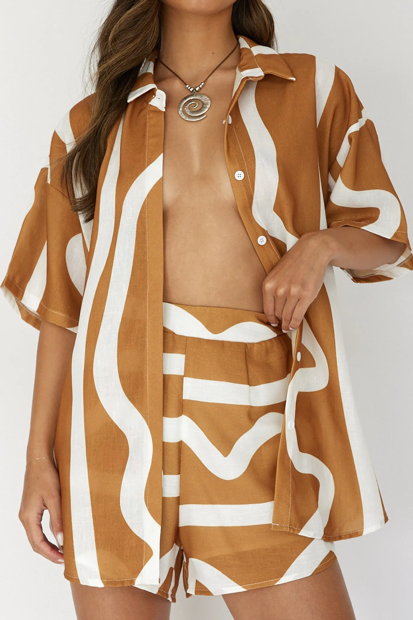 Cora Button-Up Shirt Print Tan sold by Selfie Leslie product image thumbnail 4