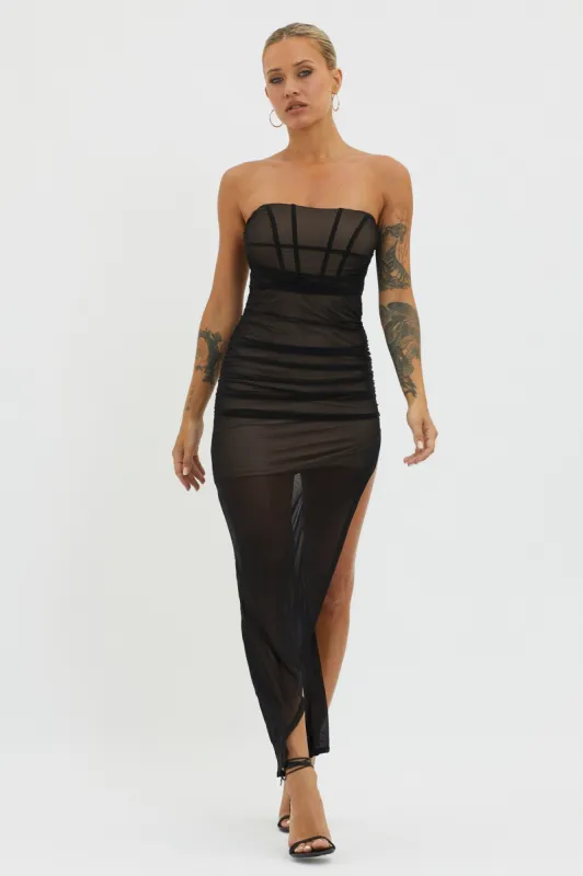 LA Nights Strapless Sheer Midi Dress Black/Nude sold by Selfie Leslie