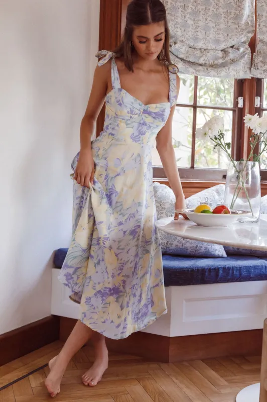 Sweet Pea Tied Shoulder Midi Dress Floral Purple sold by Selfie Leslie