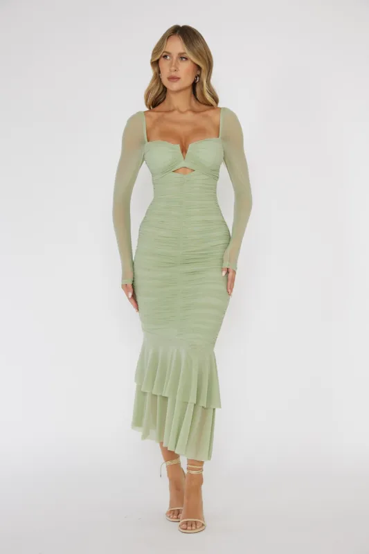 Nadia Long Sleeve Fishtail Midi Dress Mint sold by Selfie Leslie