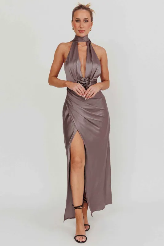 Italia Azure Halterneck Rosette Maxi Dress Grey sold by Selfie Leslie