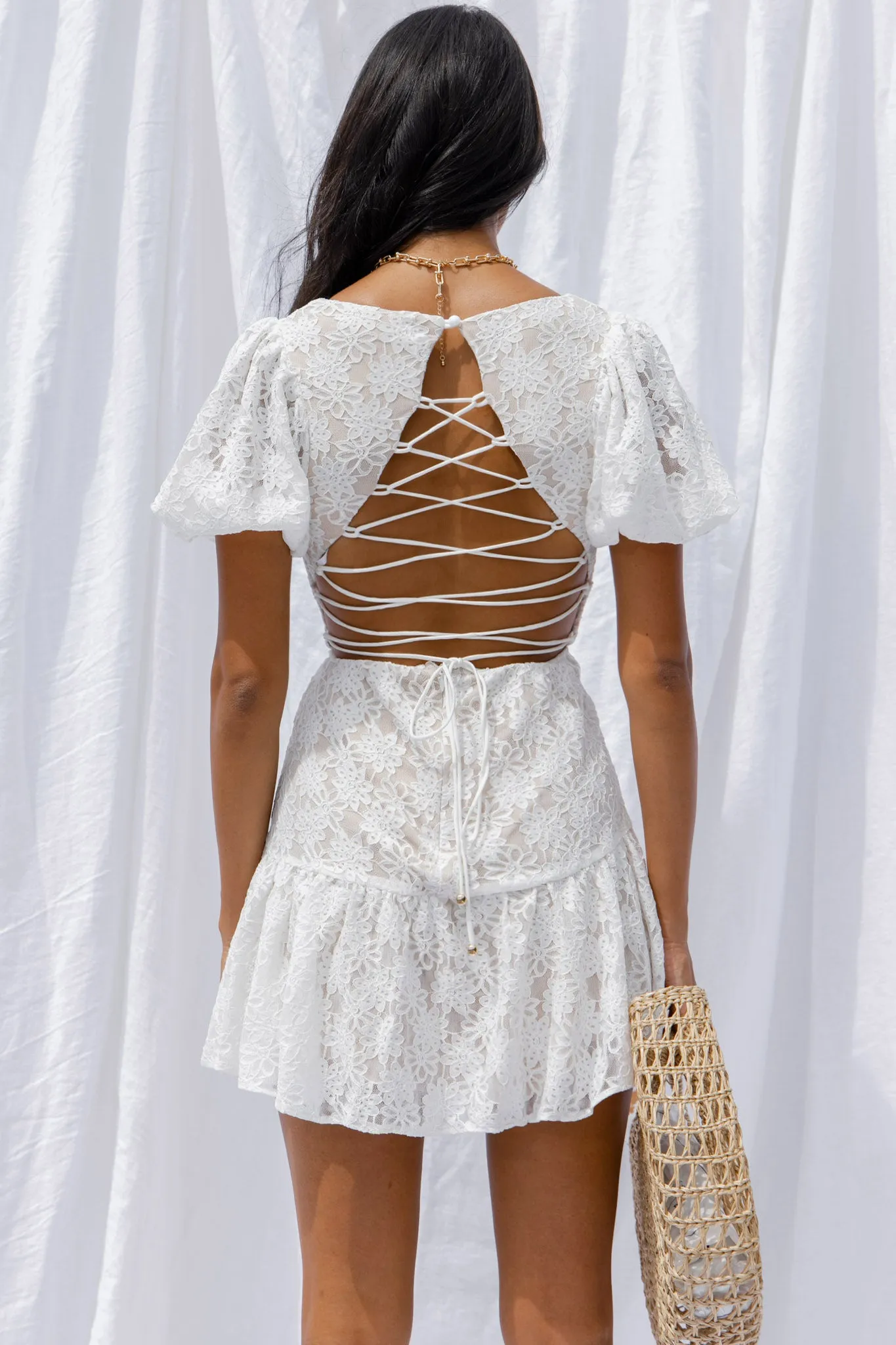 Petite Cherie Puff Sleeve Lace-Up Back Dress Lace White sold by Selfie Leslie product image thumbnail 4