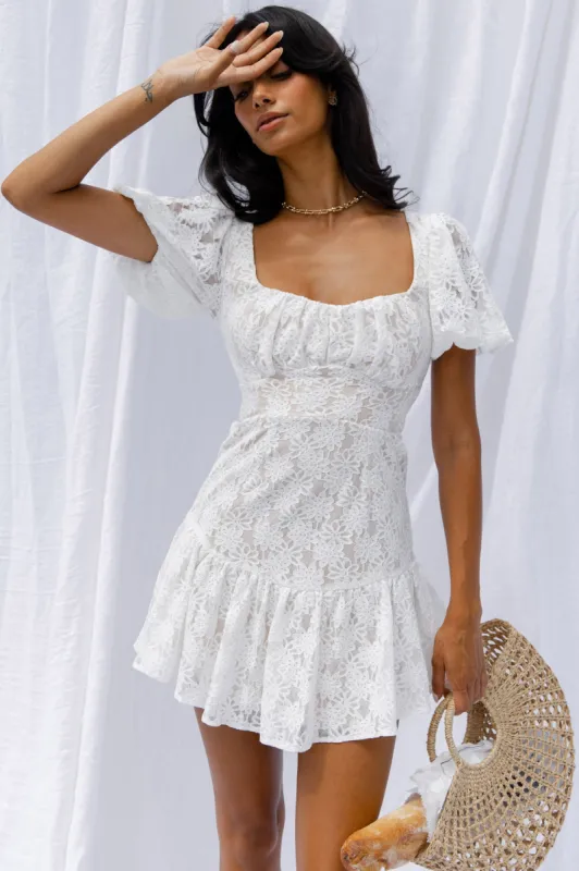 Petite Cherie Puff Sleeve Lace-Up Back Dress Lace White sold by Selfie Leslie