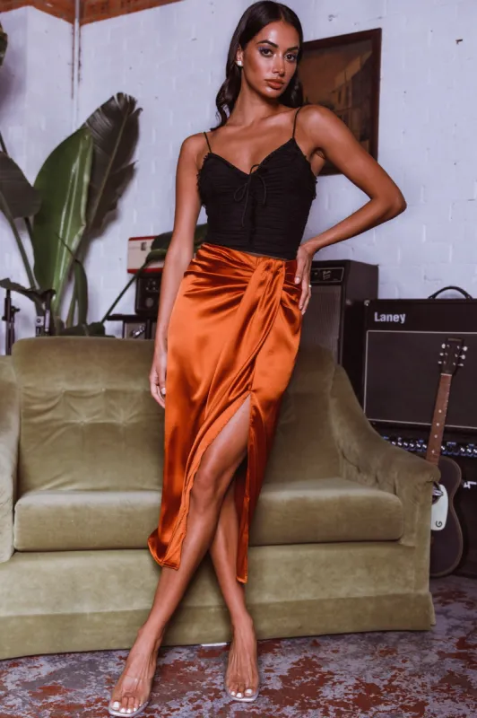 On The Money Gathered Midi Skirt Camel sold by Selfie Leslie