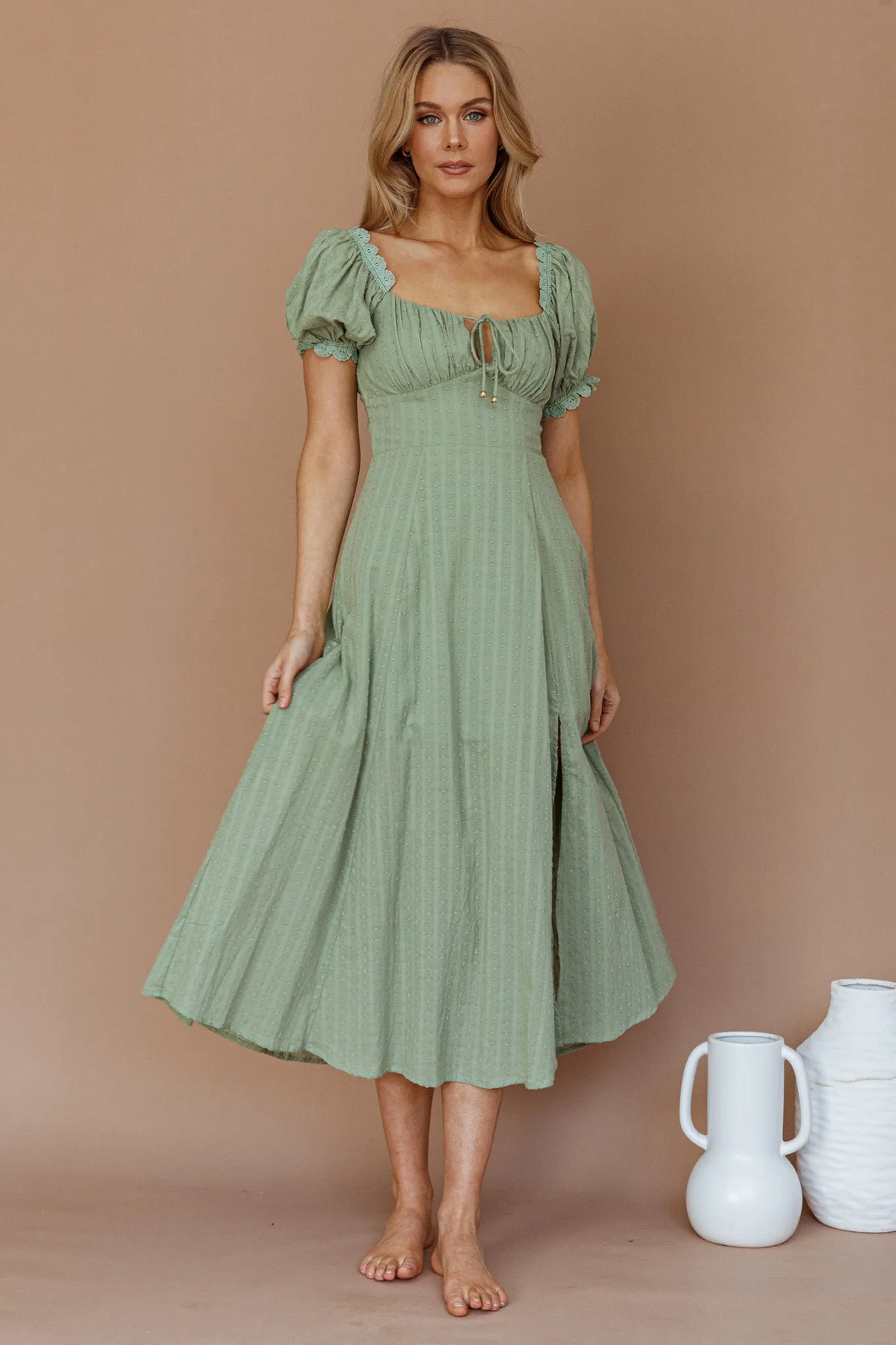 Chablis Gathered Bust Puff Sleeve Midi Dress Sage sold by Selfie Leslie product image thumbnail 2
